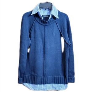 Ralph Lauren Layered Faux Button Bengal Stripe shirt Sweater Womens Navy PXS